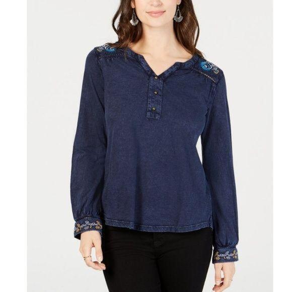 Style & Co Embroidery Trimmed Cotton Denim Top Sunshine Navy XS - Picture 1 of 3
